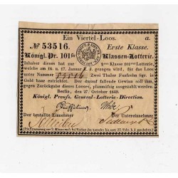 Zestaw 2 losów pruskiej loterii państwowej Ein Viertel-Loos: 27.10.1849 Erste...