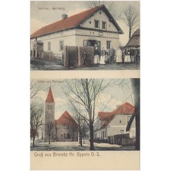 Gruss aus Brinnitz Kr. Oppeln. O.-S. Niestroy Warenhandl. Kirche und Pfarrhaus
