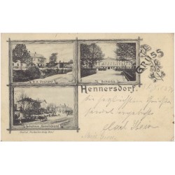 Gruss aus Hennersdorf, K.K. Postamt. Schloss. Schulhaus u. Gemeindeamt.