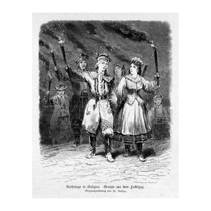 1) "Kaisertage in Galizien. Gruppe aus dem Fakelzug. Originalzeichnung von Fr. Kollarz." 2) "Bauern-Banderieen." 3) "Polnische