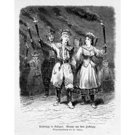 1) "Kaisertage in Galizien. Gruppe aus dem Fakelzug. Originalzeichnung von Fr. Kollarz." 2) "Bauern-Banderieen." 3) "Polnische