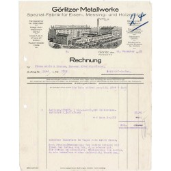"Görlitzer Metallwerke Spezial-Fabrik für Eisen-, Messing- und Holzmöbel". "Rechnung". "Görlitz, den 12. Dezember 1929 Promenade