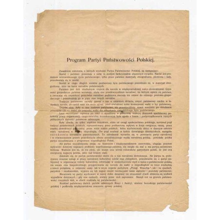 Program Partii Państwowości Polskiej założonej przez Władysława Studnickiego / Petersburg (Warszawa?) 1905