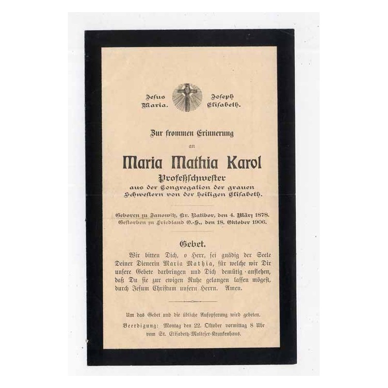 Druk z informacją o śmierci zakonnicy (elżbietanki) Maria Mathia Karol / Korfantów (Friedland O.-S.) 18.10.1906