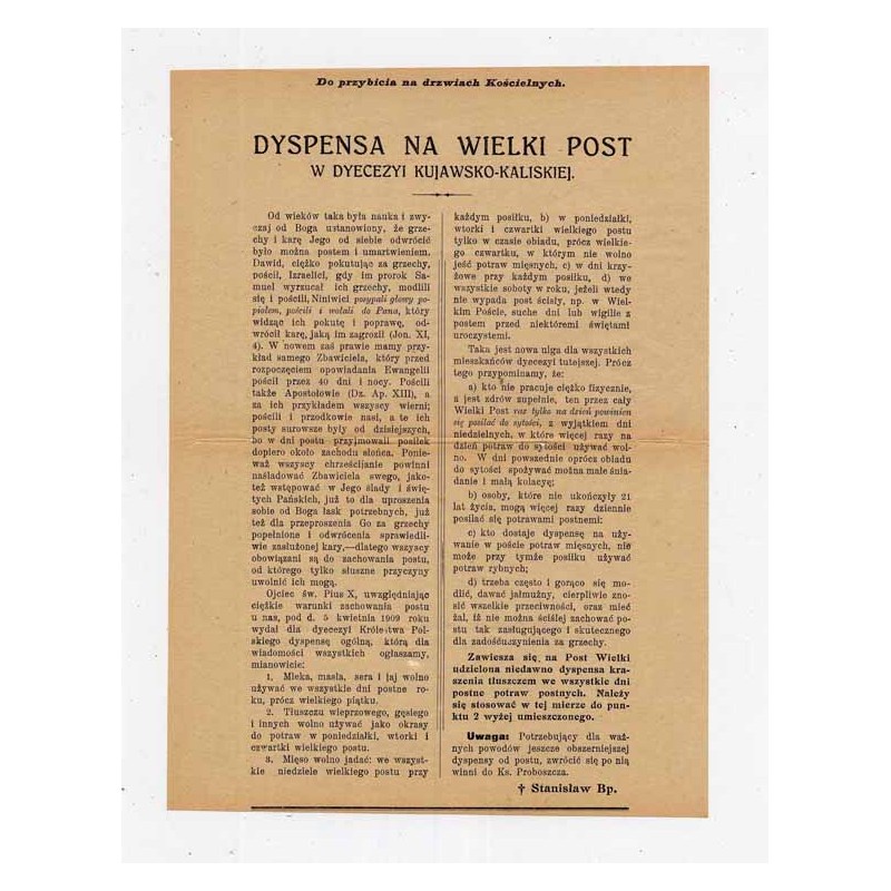 List pasterski z dyspensą na okres wielkiego postu biskupa kujawsko-kaliskiego Stanisława Kazimierza Zdzitowieckiego / Włocławek