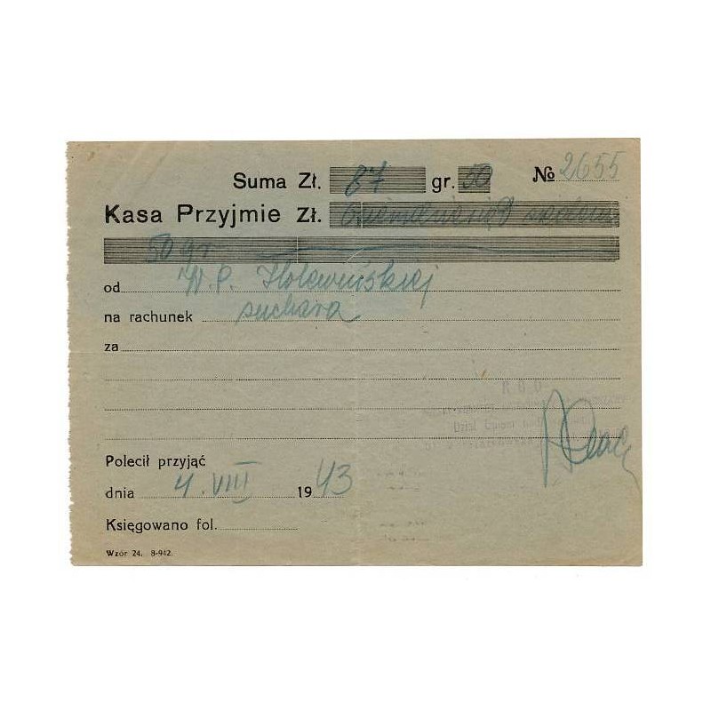 Pokwitowanie datku na kwestę Rady Głównej Opiekuńczej Polskiego Komitetu Opiekuńczego m. Warszawy Dział Opieki nad Więźniami / W