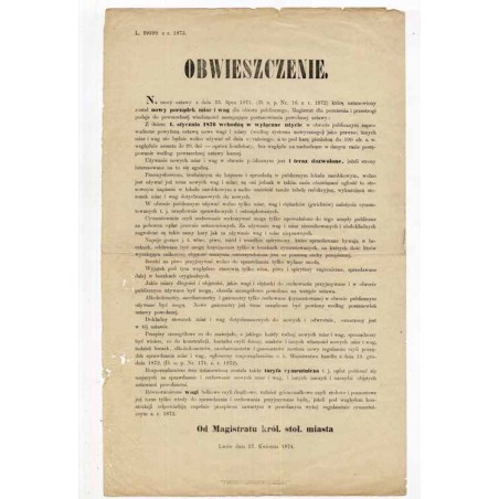 Obwieszczenie Magistratu Lwowa w sprawie nowego porządku miar i wag dla obrotu publicznego / Lwów 27.04.1874