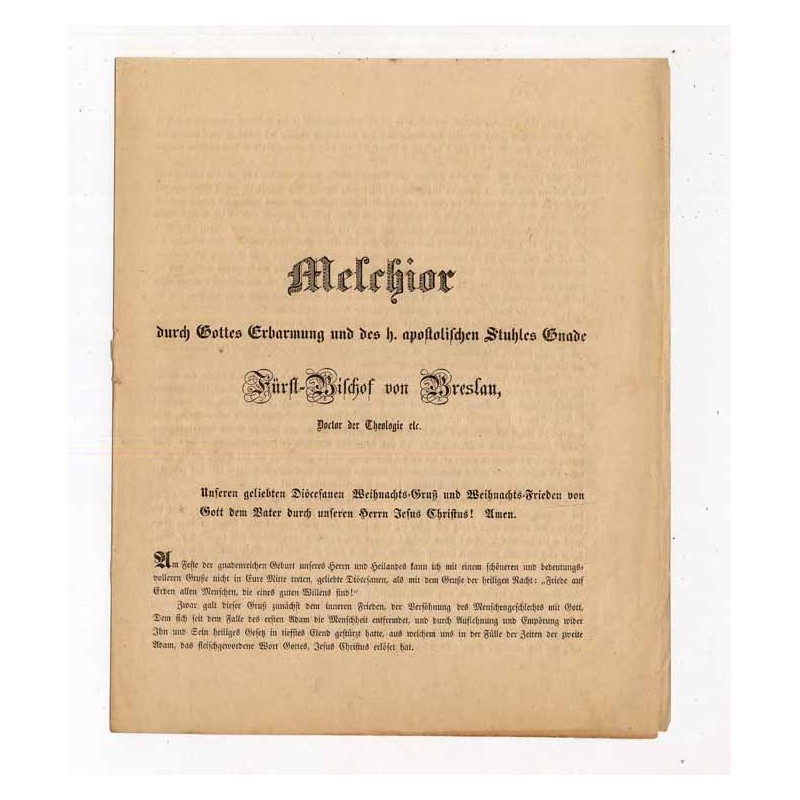 List pasterski bp. wrocławskiego Melchiora von Diepenbrocka z rozważaniami bożonarodzeniowymi / Wrocław (Breslau) 24.12.1848