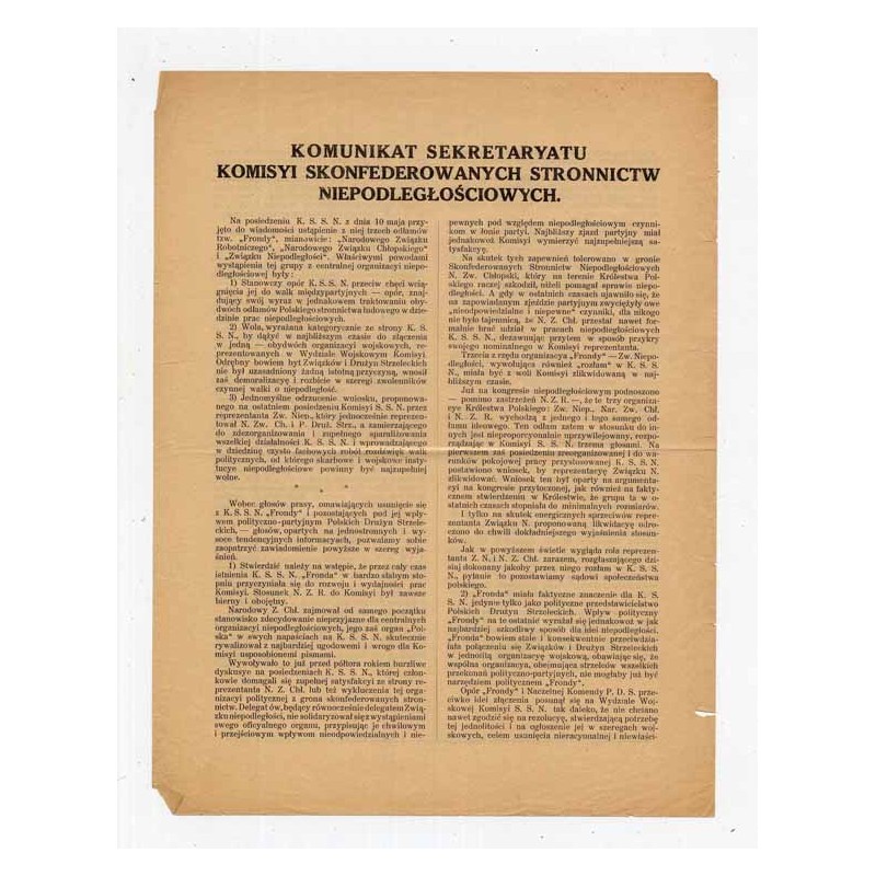 Komunikat Sekretariatu Komisji Skonfederowanych Stronnictw Niepodległościowych / Kraków 1914