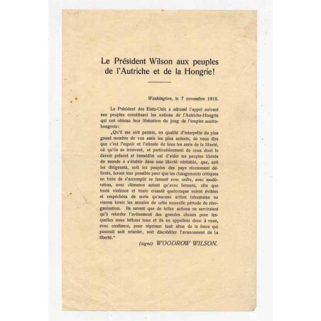 Ulotka z odezwą prezydenta USA Woodrowa Wilsona z 7.11.1918 w języku francuskim adresowaną do narodów monarchii austro-węgierski