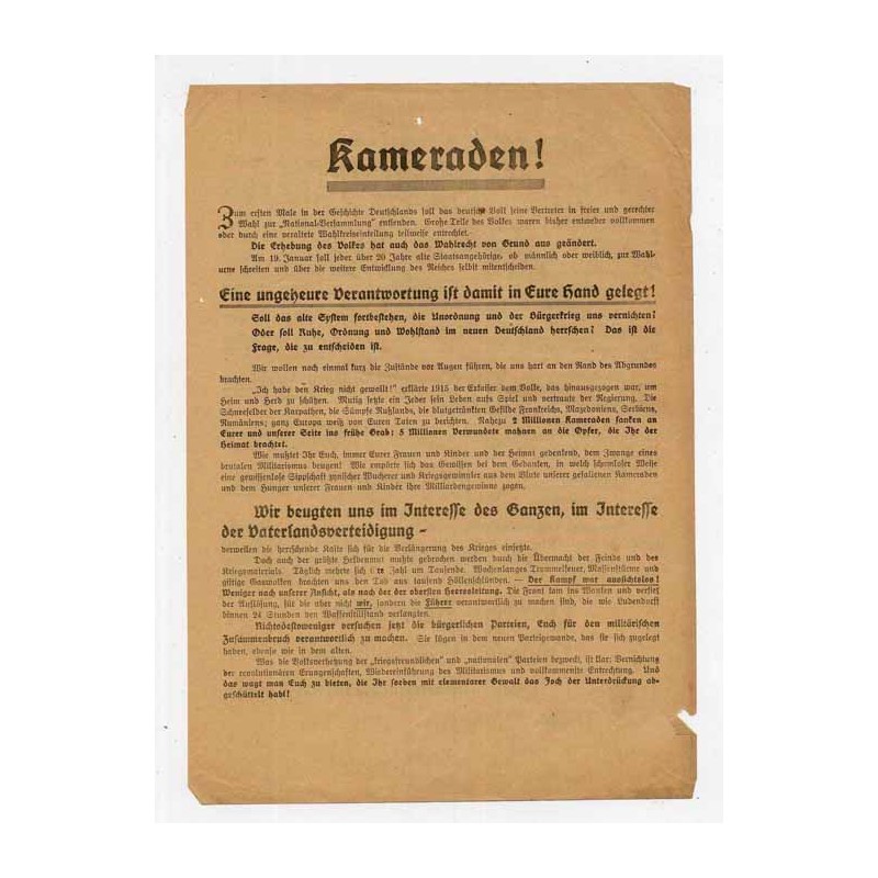 Niemiecka ulotka socjalistyczna wydana przez Centralną Radę Żołnierzy Prowincji Śląskiej (we Wrocławiu) w związku z wyborami w d