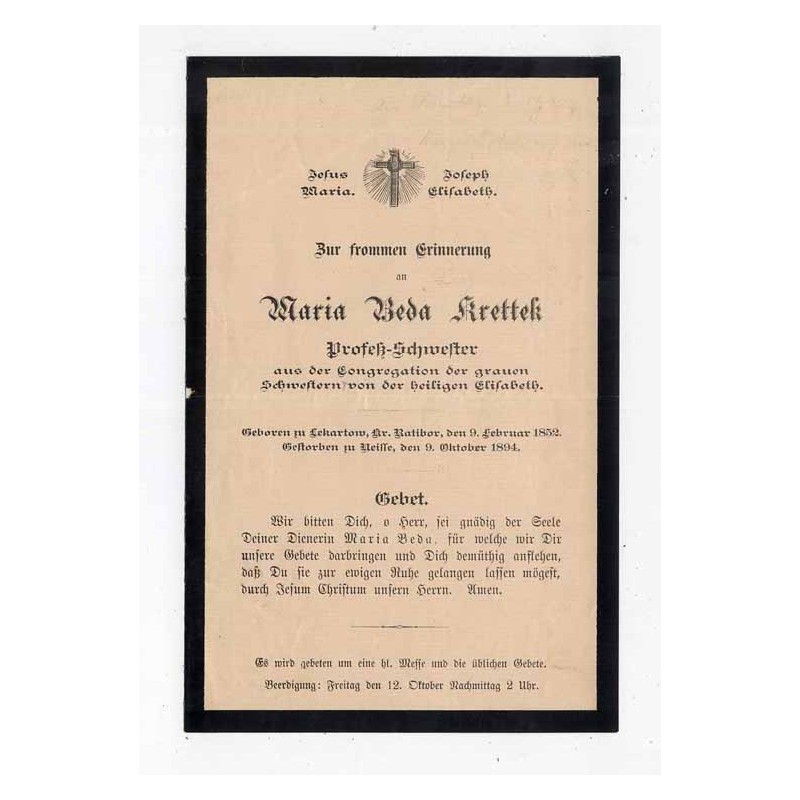 Druk z informacją o śmierci zakonnicy (elżbietanki) Maria Beda Krettek / Nysa (Neisse) 9.10.1894