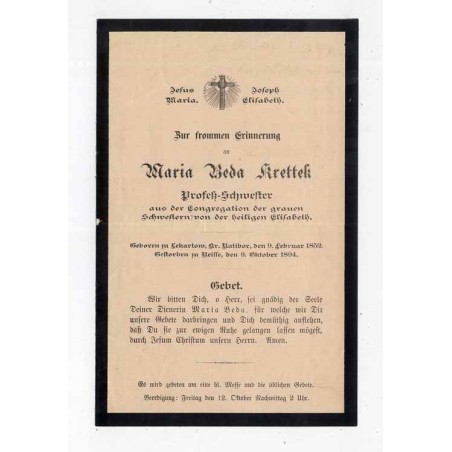 Druk z informacją o śmierci zakonnicy (elżbietanki) Maria Beda Krettek / Nysa (Neisse) 9.10.1894
