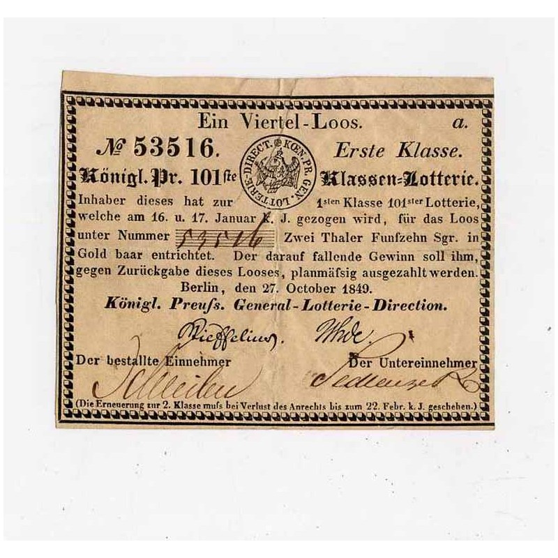 Zestaw 2 losów pruskiej loterii państwowej Ein Viertel-Loos: 27.10.1849 Erste Klasse  5.01.1850 Zweite Klasse oraz koperty z ep