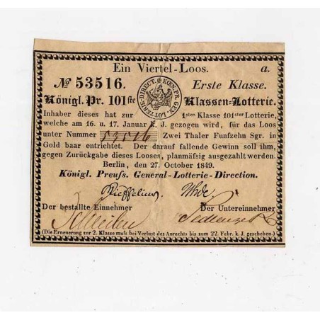 Zestaw 2 losów pruskiej loterii państwowej Ein Viertel-Loos: 27.10.1849 Erste Klasse  5.01.1850 Zweite Klasse oraz koperty z ep