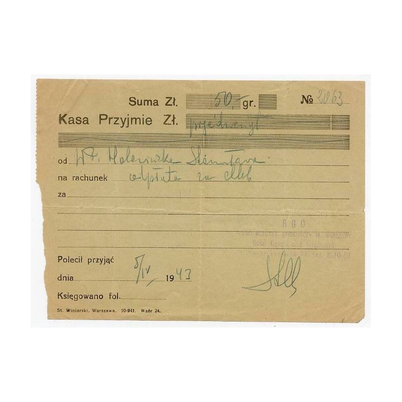 Pokwitowanie datku na kwestę Rady Głównej Opiekuńczej Polskiego Komitetu Opiekuńczego m. Warszawy Dział Opieki nad Więźniami / W