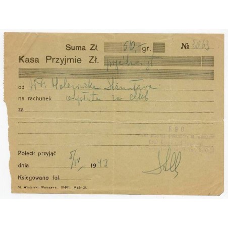 Pokwitowanie datku na kwestę Rady Głównej Opiekuńczej Polskiego Komitetu Opiekuńczego m. Warszawy Dział Opieki nad Więźniami / W
