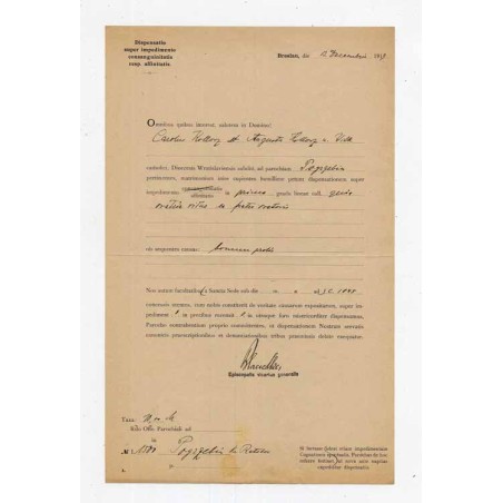 Dyspensa wystawiona przez kurię diecezjalną wrocławską dla Karola Kollorz i Augusty Kollorz-Wilk z Pogrzebienia podpisana przez