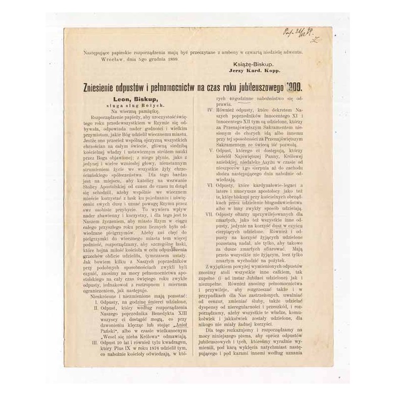Okólnik biskupa wrocławskiego Jerzego (Georga) Koppa z tekstami 2 rozporządzeń papieża Leona III z 30.09.1899 i 24.10.1899 oraz
