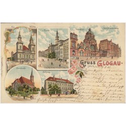 Gruss aus Glogau. Ev. Kirche. Markt. Synagoge, u. Kath. Krankenhaus. Domkirche. Schloss. 4404