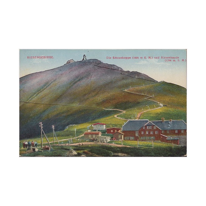 Riesengebirge. Die Schneekoppe (1605 m ü. M.) und Riesenbaude (1394 m. ü. M.)