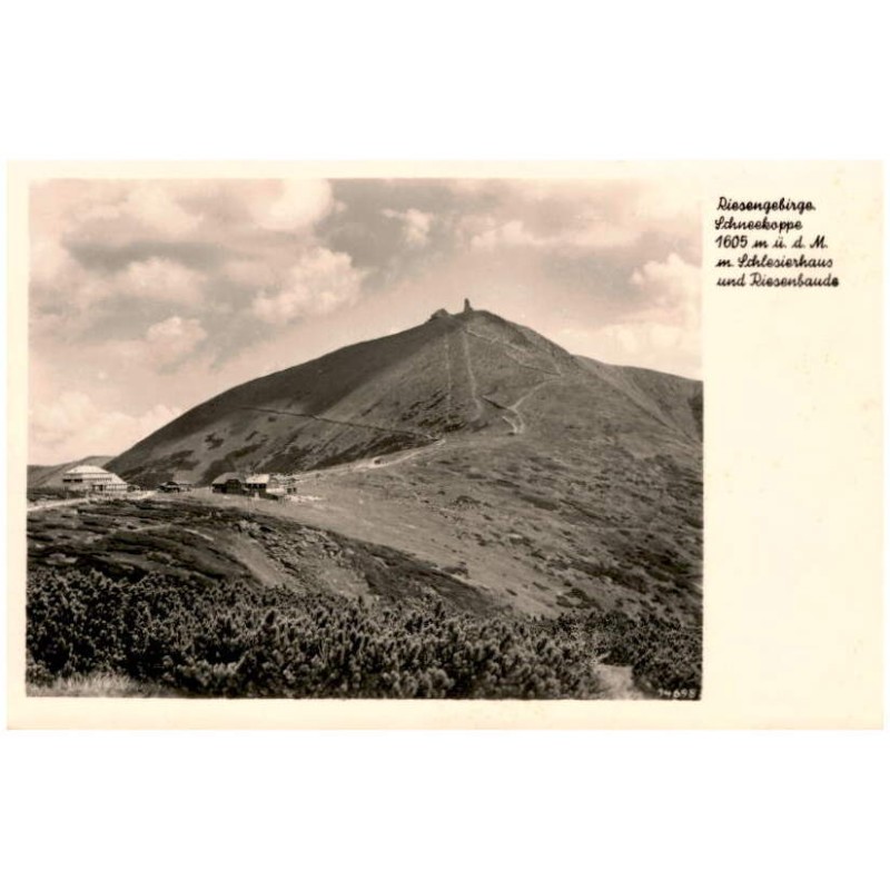 Riesengebirge, Schneekoppe 1605 m ü. d. M. m. Schlesierhaus und Riesenbaude. 14698
