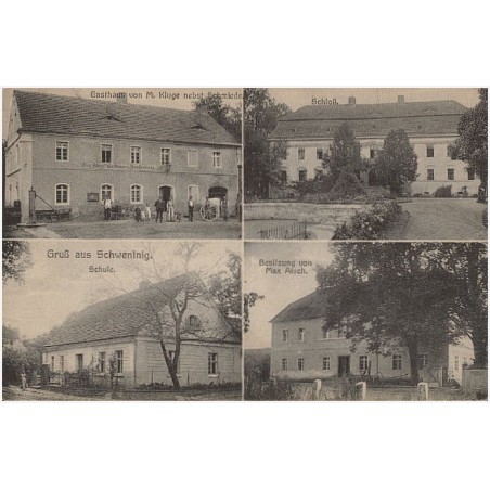 Gruß aus Schwentnig. Gasthaus von M. Kluge nebst Schmiede. Schloß. Schule. Besitzung von Max Alsch