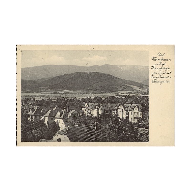 Bad Warmbrunn i. Rsgb. Heinrichstraße mit Blick auf Burg Kynast u. Schneegruben
