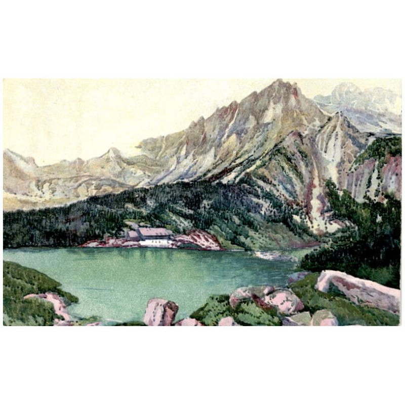 Jára Sedláček: Tatry - Tátra. Popradské jazero, 1513 m. Popper-See, 1513 m. Poprádi-tó, 1513 m
