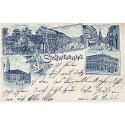 Gruss aus Schweidnitz. Friedens-Kirche. Rathaus. Paradeplatz. Langstrasse m. Jesuitenthurm. Postgebäude