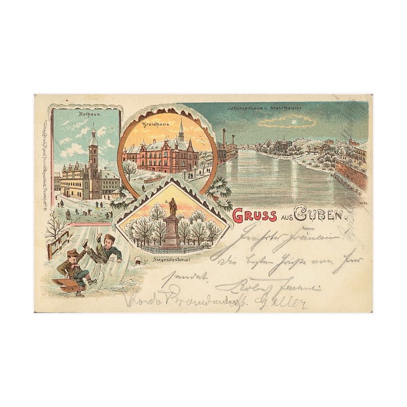 Gruss aus Guben. Rathaus. Kreishaus. Schützenhaus u. Stadttheater. Siegesdenkmal. 3693