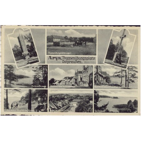 Arys, Truppenübungsplatz Ostpreußen. Ehrenmal. Partie am Aryssee. Wochenend-Häuschen am Aryssee. Truppenübungsplatz (Lager). Mar