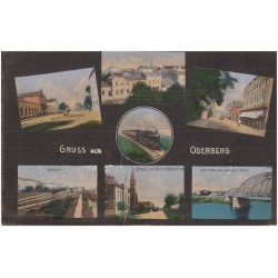Gruss aus Oderberg. Bahnfof mit Nordbahnstrasse. Bahnhof. Katholische Kirche m. Ringstrasse. Kaiser Franz Joseph Jubilaums Brück