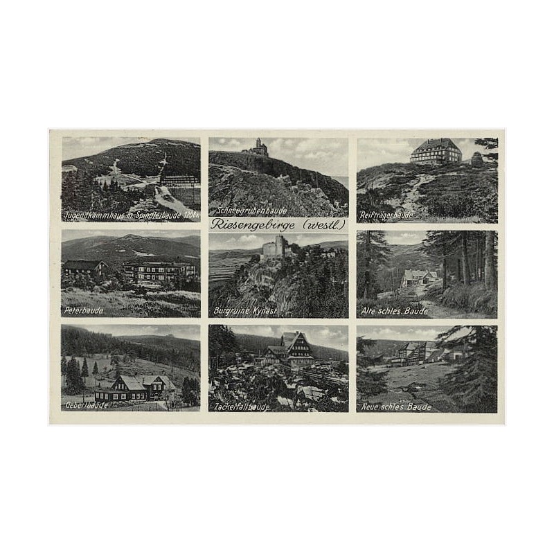 Riesengebirge (westl.). Jugendkammhaus m. Spindlerbaude. Schneegrubenbaude. Reifträgerbaude. Peterbaude. Burgruine Kynast. Alte