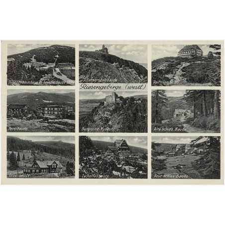 Riesengebirge (westl.). Jugendkammhaus m. Spindlerbaude. Schneegrubenbaude. Reifträgerbaude. Peterbaude. Burgruine Kynast. Alte