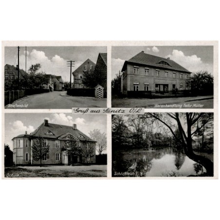 Gruß aus Sänitz O/L. Straßenbild. Warenhandlung Fedor Müller. Schule. Schloßteich