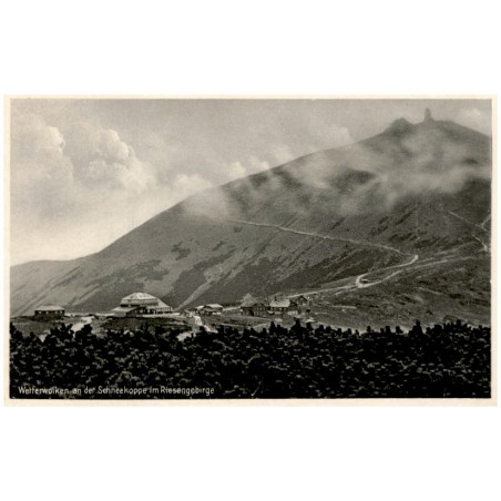 Wetterwolken an der Schneekoppe im Riesengebirge / Rewers: Riesengebirge. Die Schneekoppe 1605 m ü. d. M. mit Schlesierhaus u. R