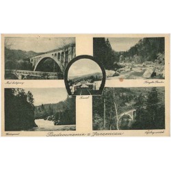 Pozdrowienie z Jaremcza. Most kolejowy. Koryto Prutu. Tunel. Wodospad. Ogólny widok