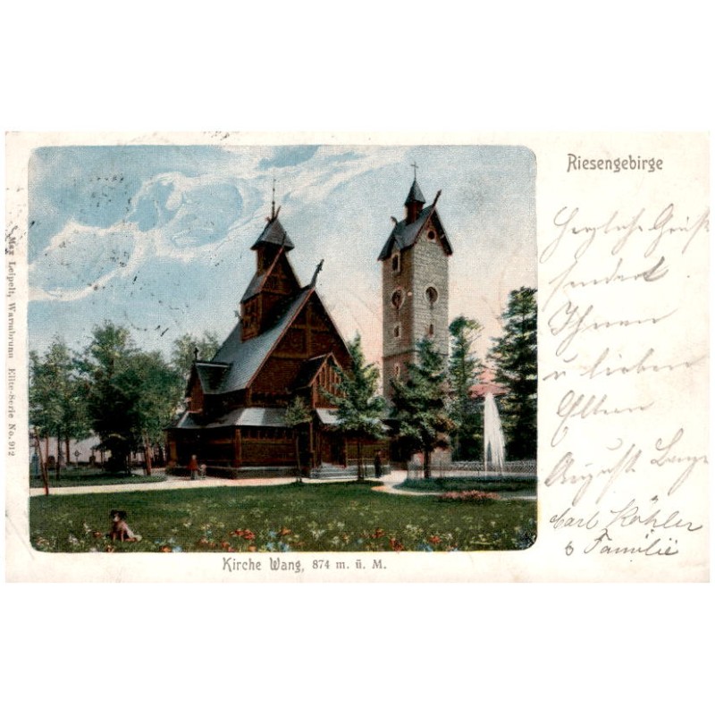 Riesengebirge. Kirche Wang, 874 m.ü.M. / Rewers: Es Grüsset viele Tausendmal der Herr der Berge Rübezahl.