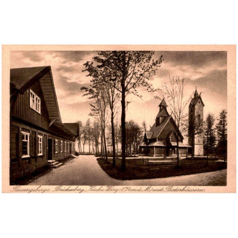 Riesengebirge. Brückenberg. Kirche Wang (874 m. ü. M.) mit Pastorhäusern.