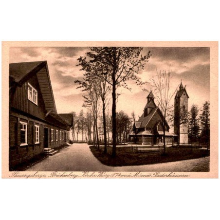 Riesengebirge. Brückenberg. Kirche Wang (874 m. ü. M.) mit Pastorhäusern.