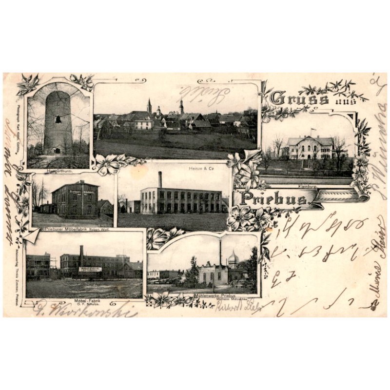 Gruss aus Priebus. Hungerthurm. Kleinburg. Priebuser Möbelfabrik Robert Wolf.  Heinze & Co. Möbel -Fabrik O. F. Schulze. Mühlenw