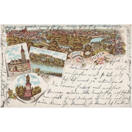Gruss aus Guben. Rathaus. Neisse-Berge. Sieges Denkmal. 1571