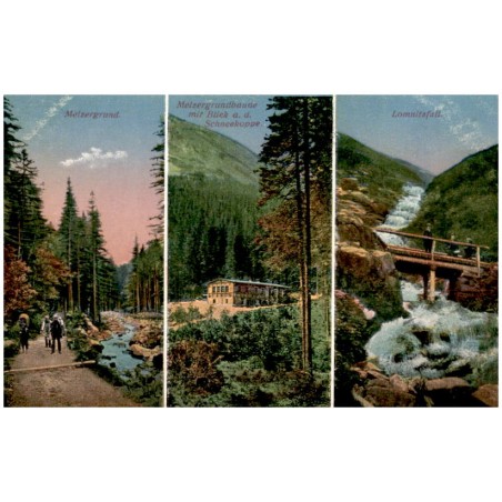 Melzergrund. Melzergrundbaude mit Blick a. d. Schneekoppe. Lomnitzfall. / Rewers: Riesengebirge