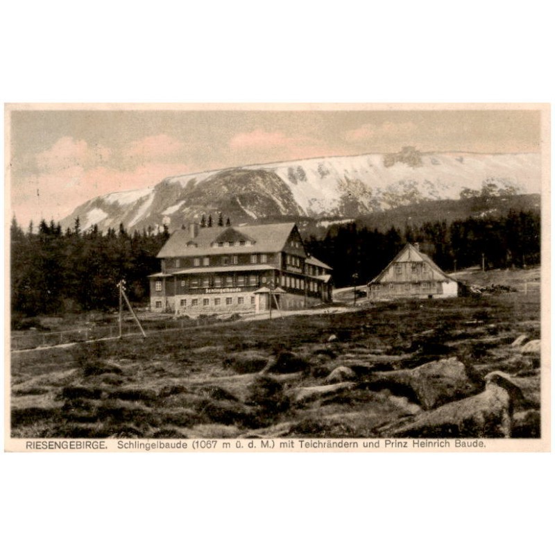 Riesengebirge. Schlingelbaude (1067 m ü. d. M.) mit Teichrändern und Prinz Heinrich Baude.