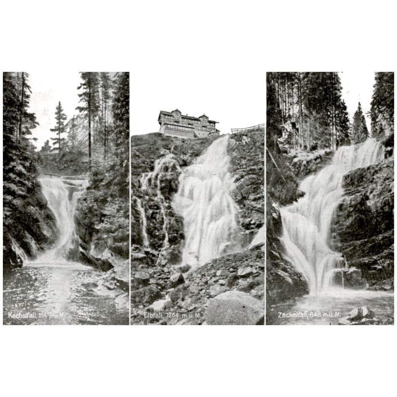 Kochelfall, 514 m ü. M. Elbfall, 1264 m ü. M. Zackefall, 848 m ü. M. / Rewers: Riesengebirge