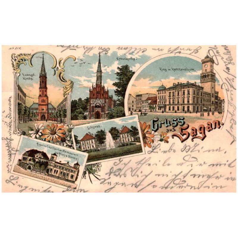 Gruss aus Sagan. Evangel. Kirche. Kreuzkirche. Ring m. Rathausthurm. Schloss. Apollo-Saal. Garten-Restaurant v. Hinz & Blondy