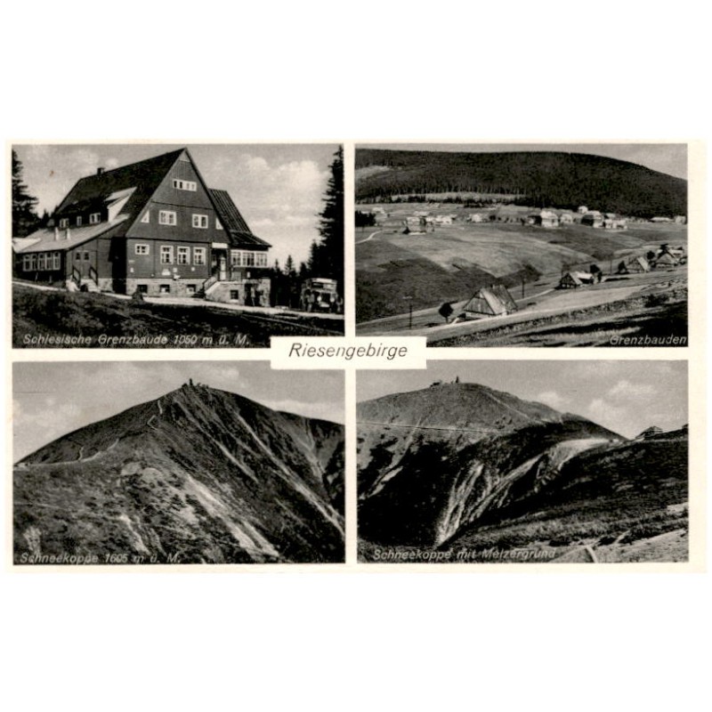 Riesengebirge. Schlesische Grenzbaude 1050 m ü. M. Grenzbauden. Schneekoppe 1605 m ü. M. Schneekoppe mit Melzergrund
