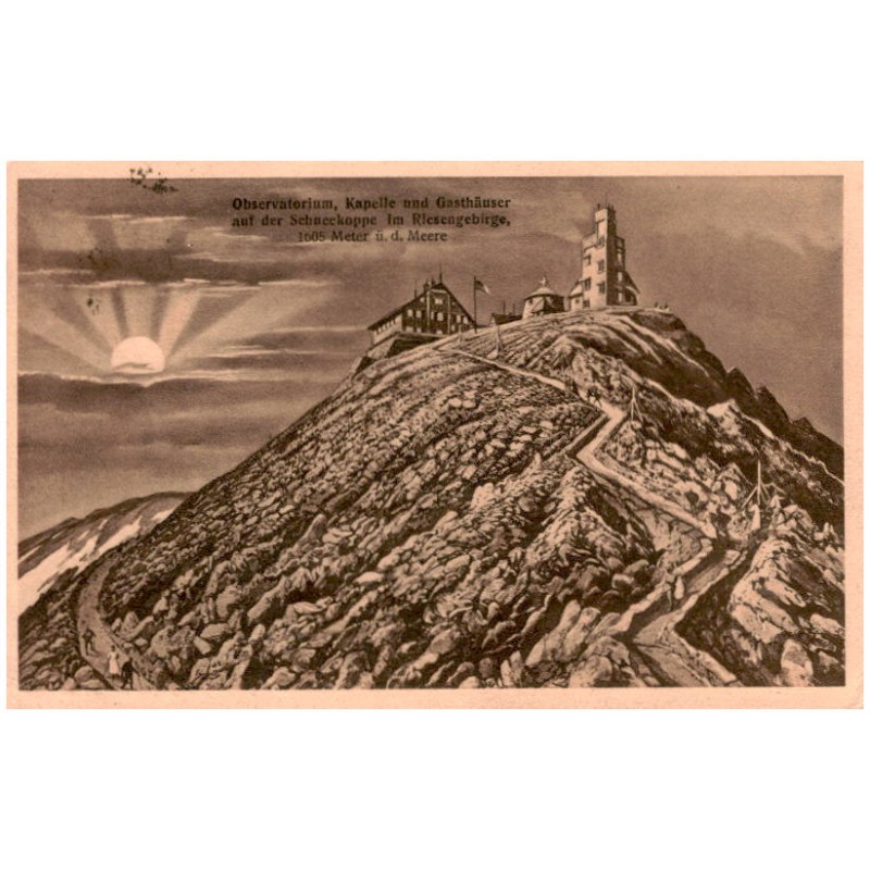Observatorium, Kapelle und Gasthäuser auf der Schneekoppe im Riesengebirge, 1605 Meter ü. d. Meere / Rewers: Diese Karte ist in
