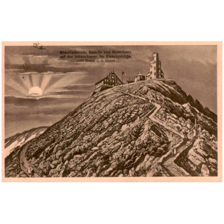 Observatorium, Kapelle und Gasthäuser auf der Schneekoppe im Riesengebirge, 1605 Meter ü. d. Meere / Rewers: Diese Karte ist in